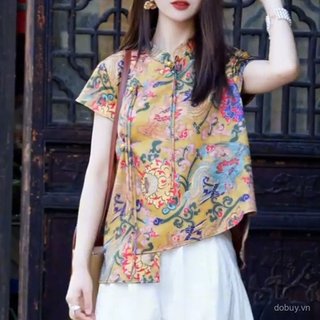 2025 Mới Phong Cách Trung Hoa Nữ Mới Trung Quốc Cổ Quan Thoại Nút Quan Thoại Tay Ngắn Màu Trơn Thời Trang Top 1127