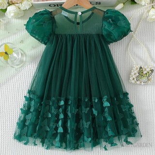 3-10 tuổi Kid Girl Tulle Dress 3D Bướm Tay Ngắn Cổ Vuông Lưới Chữ A Đầm Cho Mùa Xuân Hè