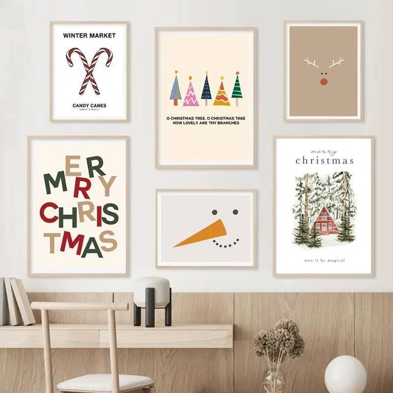 Cây Giáng Sinh Ông Già Noel Người Tuyết Tuần Lộc Áp Phích In Canvas In Hình Nghệ Thuật Treo Tường Hình Ảnh Cho Ngày Lễ Phòng Khách Trang Trí Nhà