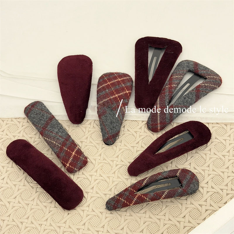Vintage Bangs Clip Rượu Đỏ Kẻ Sọc Vải Kẹp Tóc