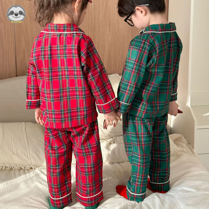 Bộ đồ ngủ bằng vải cotton nguyên chất kẻ sọc chấm bi cho trẻ em / Bộ đồ ngủ kẻ sọc cotton nguyên chất phong cách Giáng sinh cho bé trai / Quần trẻ em Phòng chờ đi chơi dài tay
