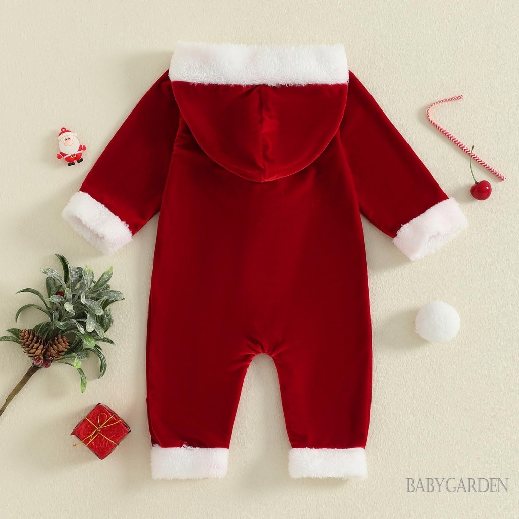 Bộ áo liền quần dài tay có mũ trùm đầu nhung Giáng sinh cho bé Trang phục ông già Noel dễ thương