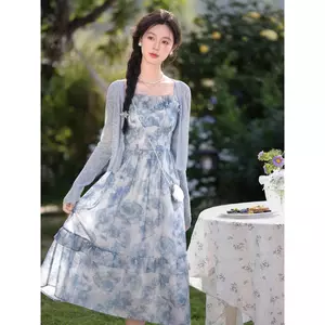 đầm xanh hoa phong cách châu âu công chúa dáng dài đầm thanh lịch prom tiệc sinh nhật dạo phố đi biển