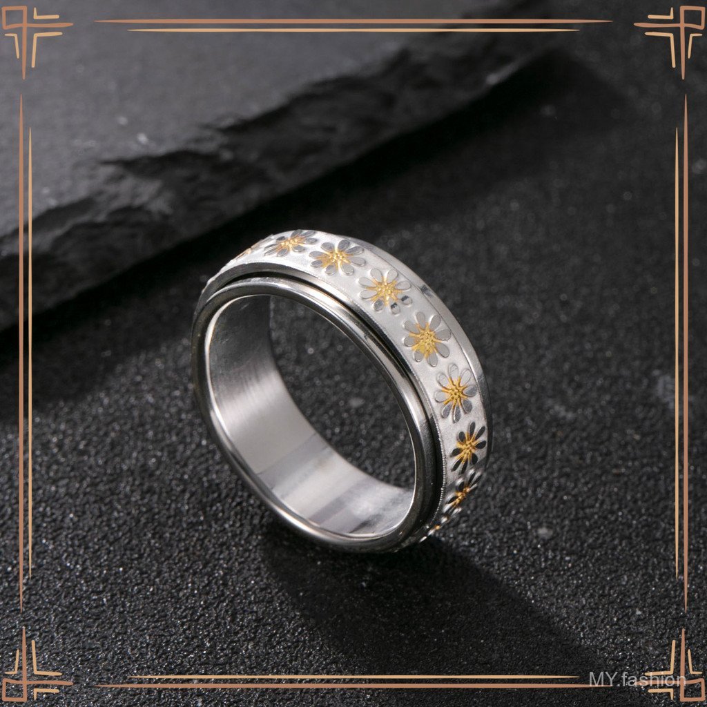 Sản phẩm mới Nhẫn thép titan [Giải nén có thể xoay hoa cúc nhỏ] Nhẫn nam ~ ~ Trang sức bằng thép không gỉ tươi thời trang