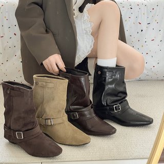 Giày bốt ngắn nữ mũi nhọn dày gót chân thời trang một chân