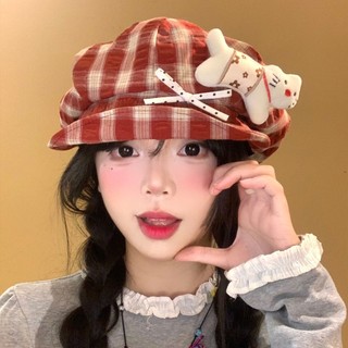 Mũ Beret hoa vải mèo dễ thương nữ - Mũ bát giác lộn mép, dành cho đầu lớn, làm khuôn mặt nhỏ, mũ báo chí họa sĩ dễ phối hợp
