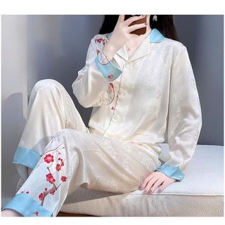 Đồ Bộ Nữ Pijama Bộ Lụa latin Tay Dài cổ sơ mi 11