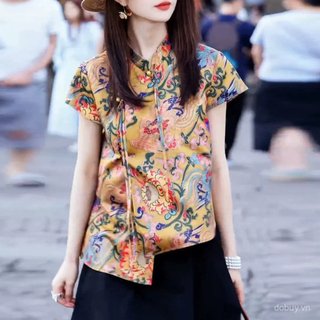 2025 Mới Phong Cách Trung Hoa Nữ Mới Trung Quốc Cổ Quan Thoại Nút Quan Thoại Tay Ngắn Màu Trơn Thời Trang Top 1127