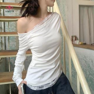 HWETR Áo thun dài tay nữ thu đông với thiết kế ren xù vai gợi cảm