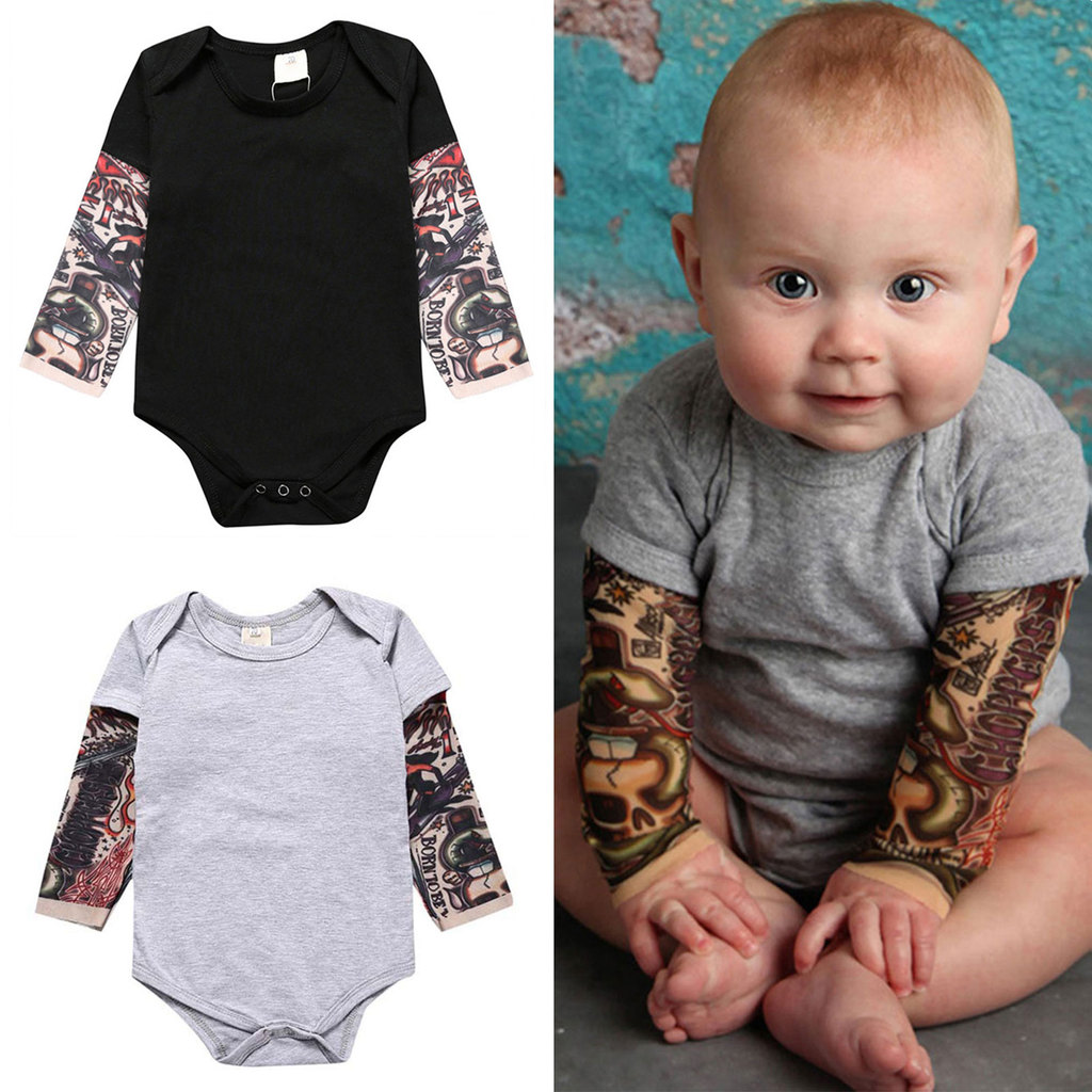 Bộ áo liền quần in hình xăm cho bé trai bé gái mùa thu in hình xăm độc đáo làm cho bé nổi bật. Đi chơi thường ngày