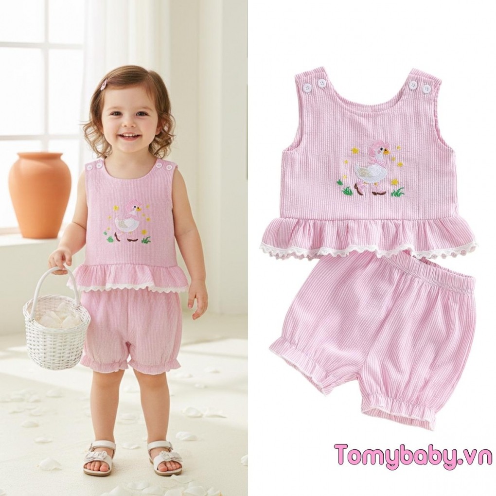 Bộ trang phục mùa hè cho bé gái mới biết đi Áo Vest thêu cổ tròn không tay + Bộ quần short hở lưng co giãn