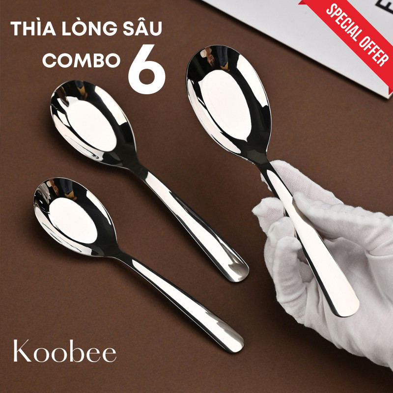 Combo 6 Thìa Inox 304 KOOBEE Cán Dài Trơn – Lòng Sâu, 3 Size, Sáng Bóng, Chống Gỉ Cao Cấp (BA39)