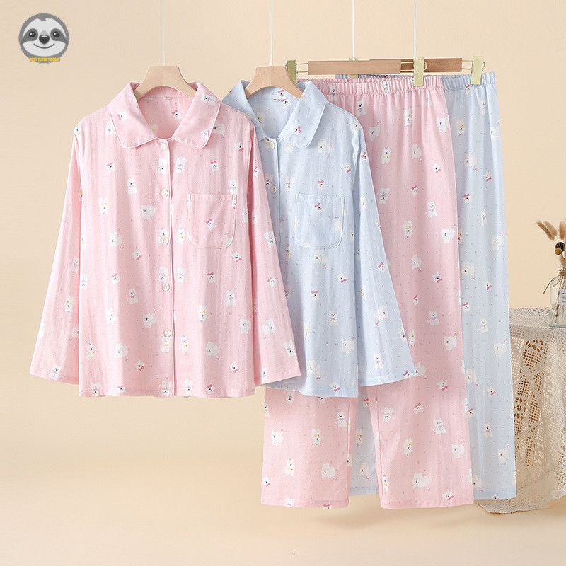 Bộ đồ ngủ dài tay cotton nguyên chất dành cho nữ - Thoáng mát cho mọi mùa, phong cách loungewear ngọt ngào