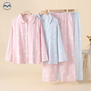 Bộ đồ ngủ dài tay cotton nguyên chất dành cho nữ - Thoáng mát cho mọi mùa, phong cách loungewear ngọt ngào