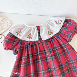 [8-26kg] Váy cộc tay Cổ Bèo Thêu Cây Thông Noel Cho Bé Gái Chất Thô Lụa