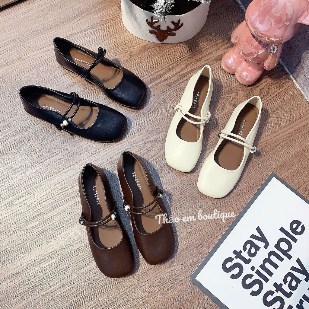 [Thảo Em - BB511] Giày búp bê marry jane nữ mũi vuông đế bệt da lì mềm 2 quai đính ngọc [Có Sẵn]