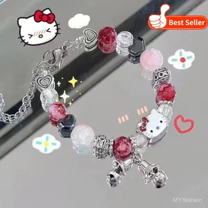 Vòng tay đính cườm hình trái tim màu hồng với chuông mèo, phong cách thời trang Dopamine
