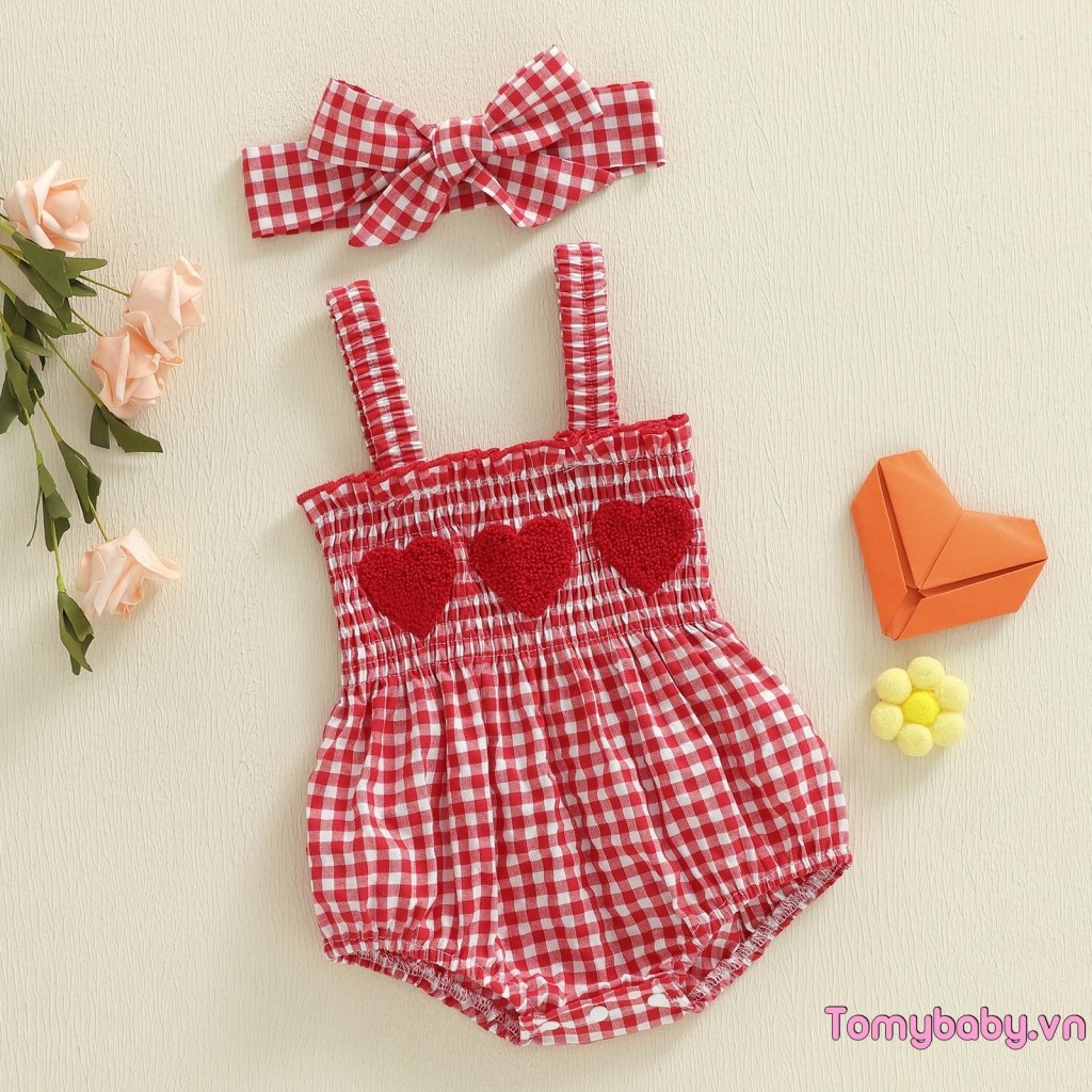 Bé Gái Ngày Lễ Tình Nhân Áo Liền Quần Kẻ Sọc Trái Tim Táo Không Tay Suspender Jumpsuit Có Băng Đô