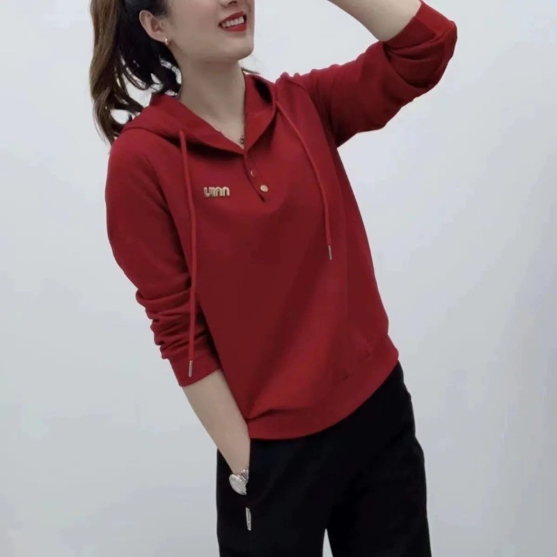 Áo thun nữ dài tay màu trơn dáng rộng mùa thu, có mũ trùm đầu, phù hợp giảm béo