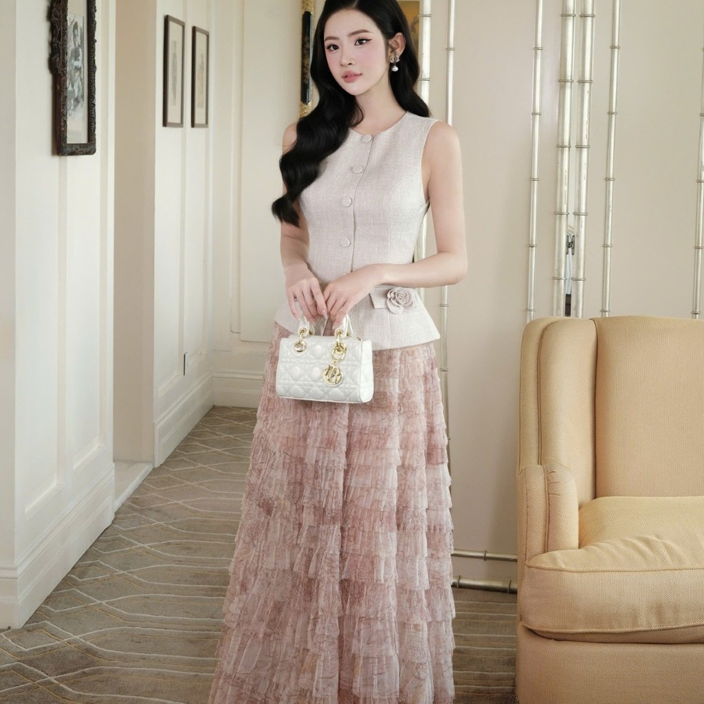 Set áo tweed phối hoa & chân váy lưới dập ly dài phong cách sang trọng Khiết KS411