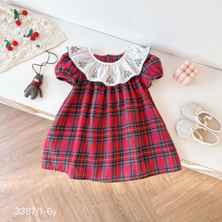 [8-26kg] Váy cộc tay Cổ Bèo Thêu Cây Thông Noel Cho Bé Gái Chất Thô Lụa