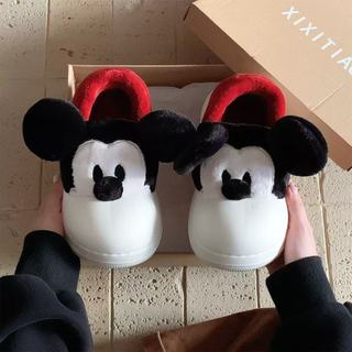 XIXITIAO Dép bông nữ mùa đông dễ thương đế dày, phiên bản hợp tác chính hãng Mickey giữ ấm