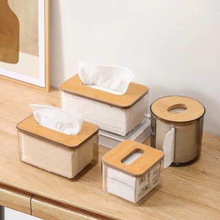 Hộp đựng khăn giấy trong suốt gia đình có nắp gỗ - Hộp đựng khăn ăn tối giản Bắc Âu
