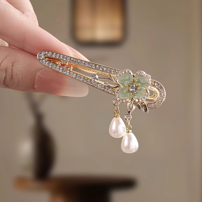 Kẹp Tóc Hoa Ngọc Trai Xanh Lá Dát Vàng Phong Cách Retro, Phụ Kiện Tóc Cao Cấp Cho Thu Đông