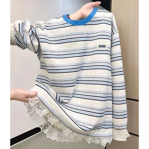 Milyfashion Áo sơ mi sọc ren thêu cổ tròn, vải mỏng, phong cách mới