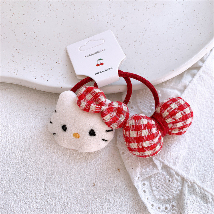 Kẹp tóc mèo Kitty Phụ kiện tóc nơ kẻ sọc đỏ