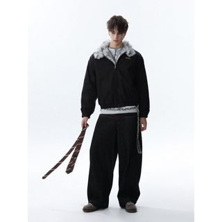 Áo khoác nam cotton retro với cổ lông thú và lót lông cừu, ấm áp và chất lượng cao