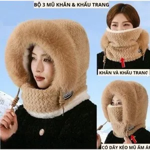 Mũ len 3 trong 1 cho nữ – Combo mũ, khăn và khẩu trang giữ ấm mùa đông cực hiệu quả.