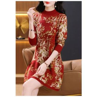 Đầm dệt kim họa tiết đỏ phong cách mới, thời trang mùa thu đông