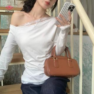 HWETR Áo thun dài tay nữ thu đông với thiết kế ren xù vai gợi cảm