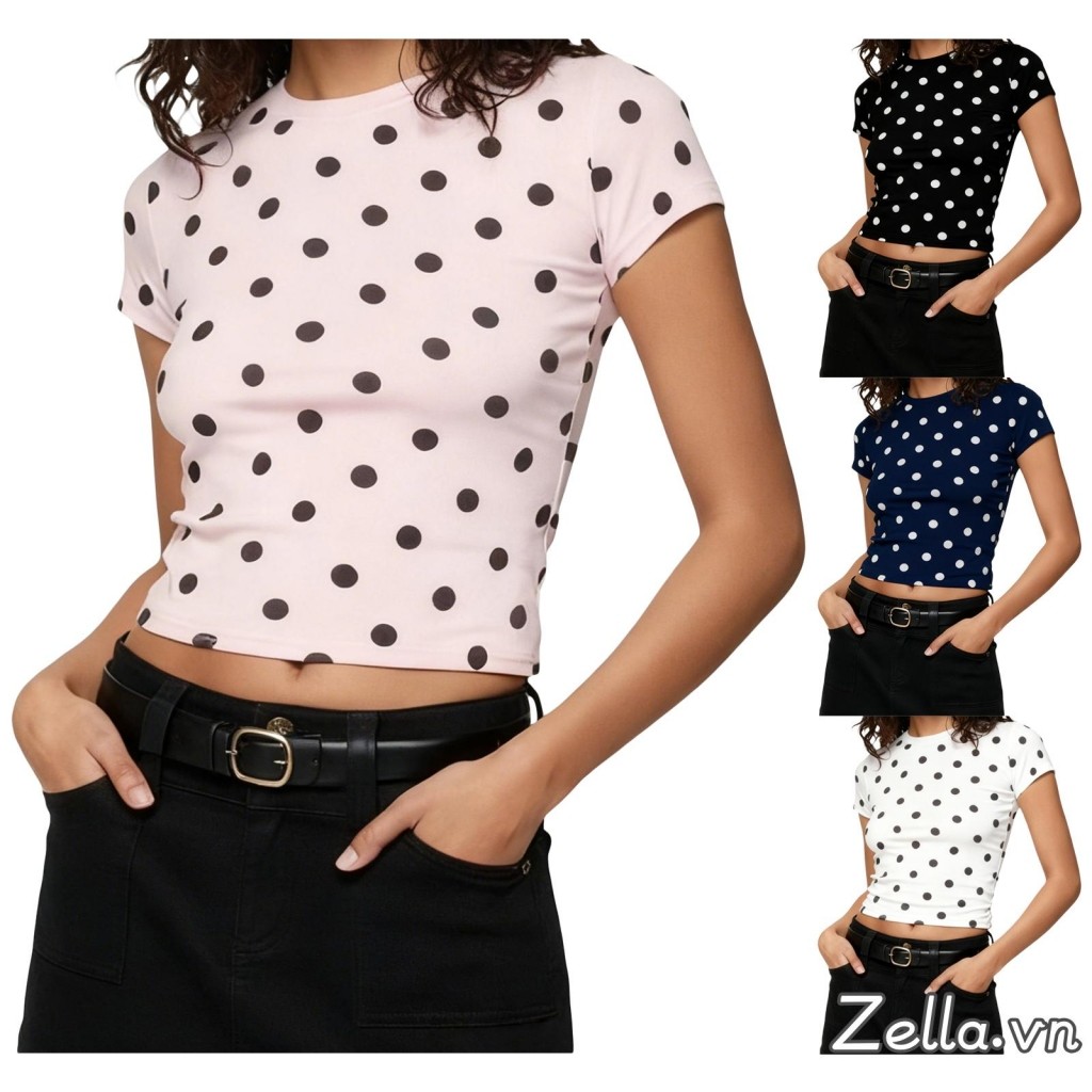 Áo thun nữ tay ngắn mùa hè cổ tròn họa tiết chấm mỏng vừa vặn áo Crop top