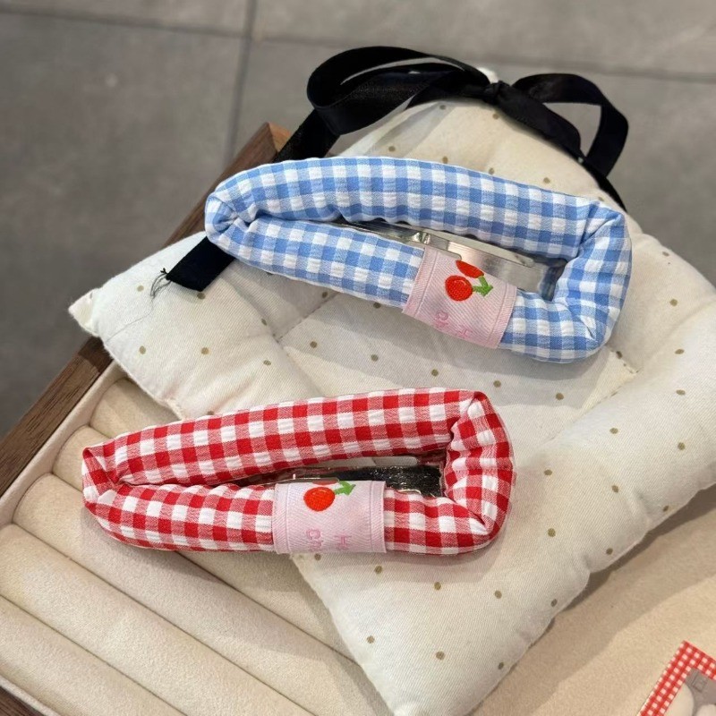 Kẹp tóc sọc puff xốp màu đỏ và xanh kẻ sọc, dễ thương - Trang điểm tóc tuyệt vời cho bé gái