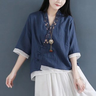 Cardigan nữ phong cách Trung Hoa vintage, vải lanh cotton pha trộn, tay áo 3/4