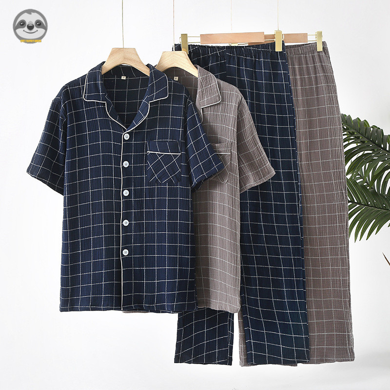 Đồ ngủ nam phong cách Nhật Bản MUJI, quần short caro và áo cánh cung made từ cotton mềm mại, thoải mái để đi chơi hoặc nghỉ ngơi