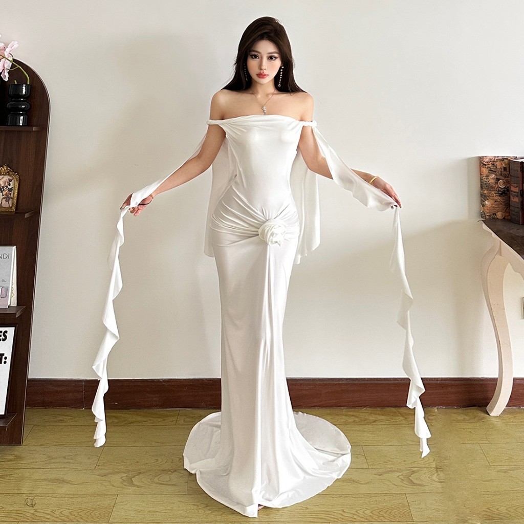 Klalien Đầm Maxi Cổ Nỉ Không Lưng Hoa Ruched 3D, Thoáng Mát Mùa Hè