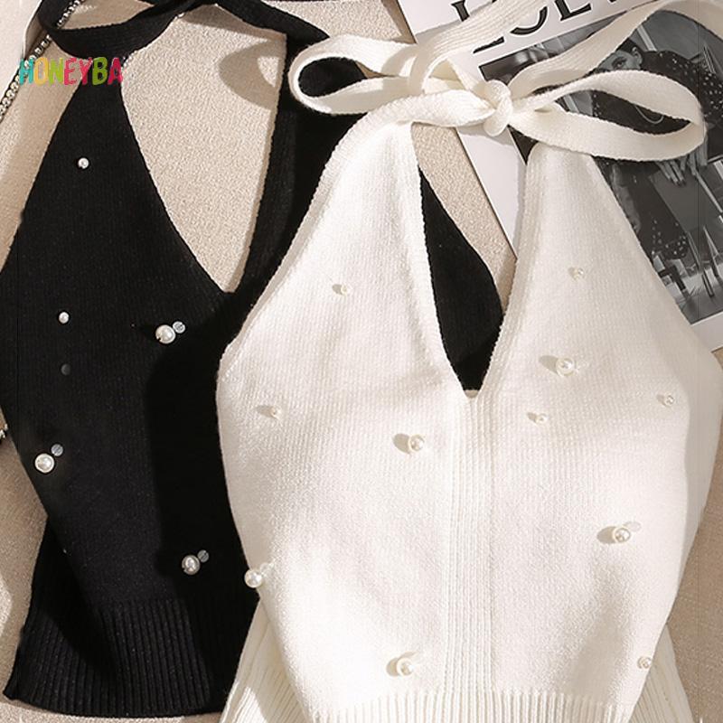 < Honeyba > Áo Vest dệt kim hở lưng đính cườm thời trang kiểu Pháp dành cho nữ