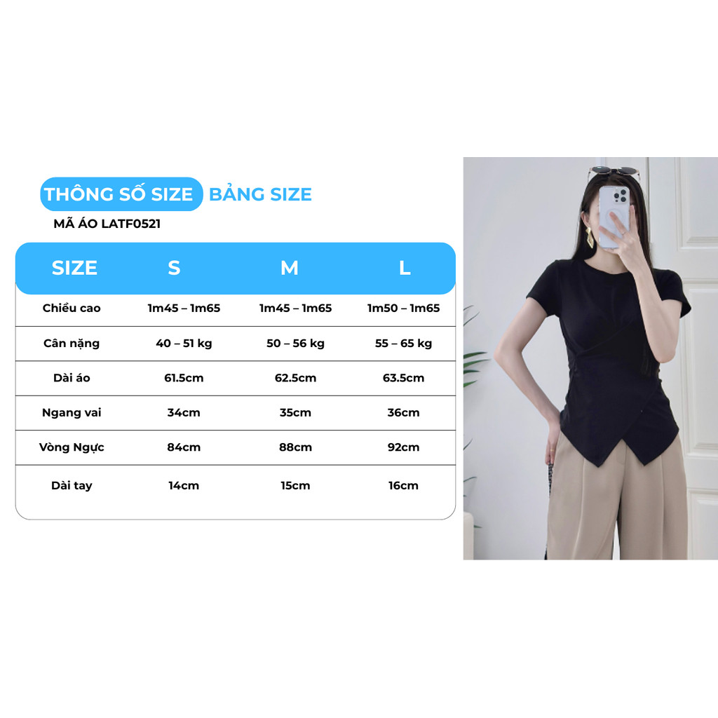 Áo Thun Nữ Cổ Tròn GUMAC Tay Ngắn Kiểu Đắp Vạt Chéo Xoắn Eo Tôn Dáng Chất Liệu Thun Gân Mềm Co Giãn LATF0521