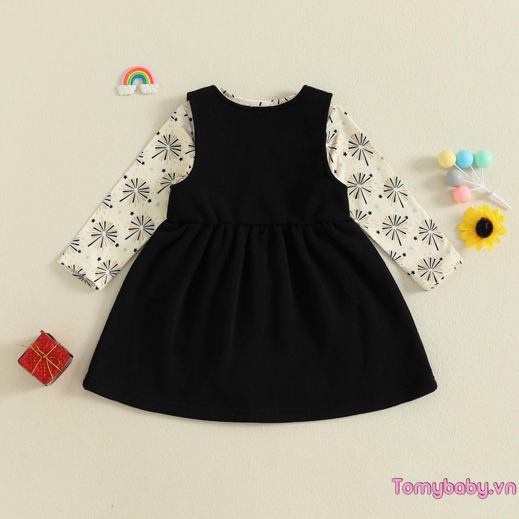 Bộ trang phục 2 món cho bé gái Năm mới Bộ áo liền quần cổ chữ O dài tay + Bộ váy không tay thêu chữ