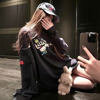 Áo sweater nỉ bông xanh than cổ tròn form rộng chất liệu mềm mại