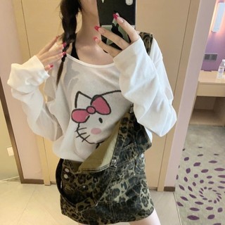 Áo thun giấy dài tay mặc 2 kiểu in họa tiết mèo dễ thương dành cho nữ