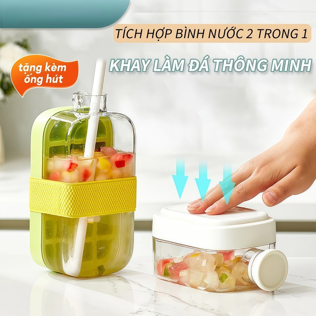 Khay Đá Tích Hợp Bình Nước 2in1 Tiện Lợi, Khay Làm Đá Kèm Bình Uống Nước Nắp Nhấn Lấy Đá Dễ Dàng - FE123