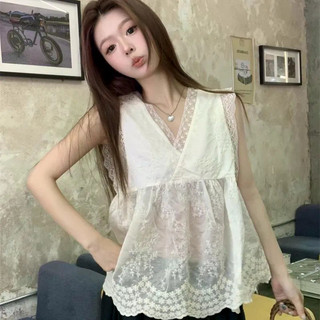 Áo sơ mi ren rỗng xù màu be trắng, phong cách thêu cổ chữ V, thiết kế sling không tay, phù hợp mùa hè đến thu đông