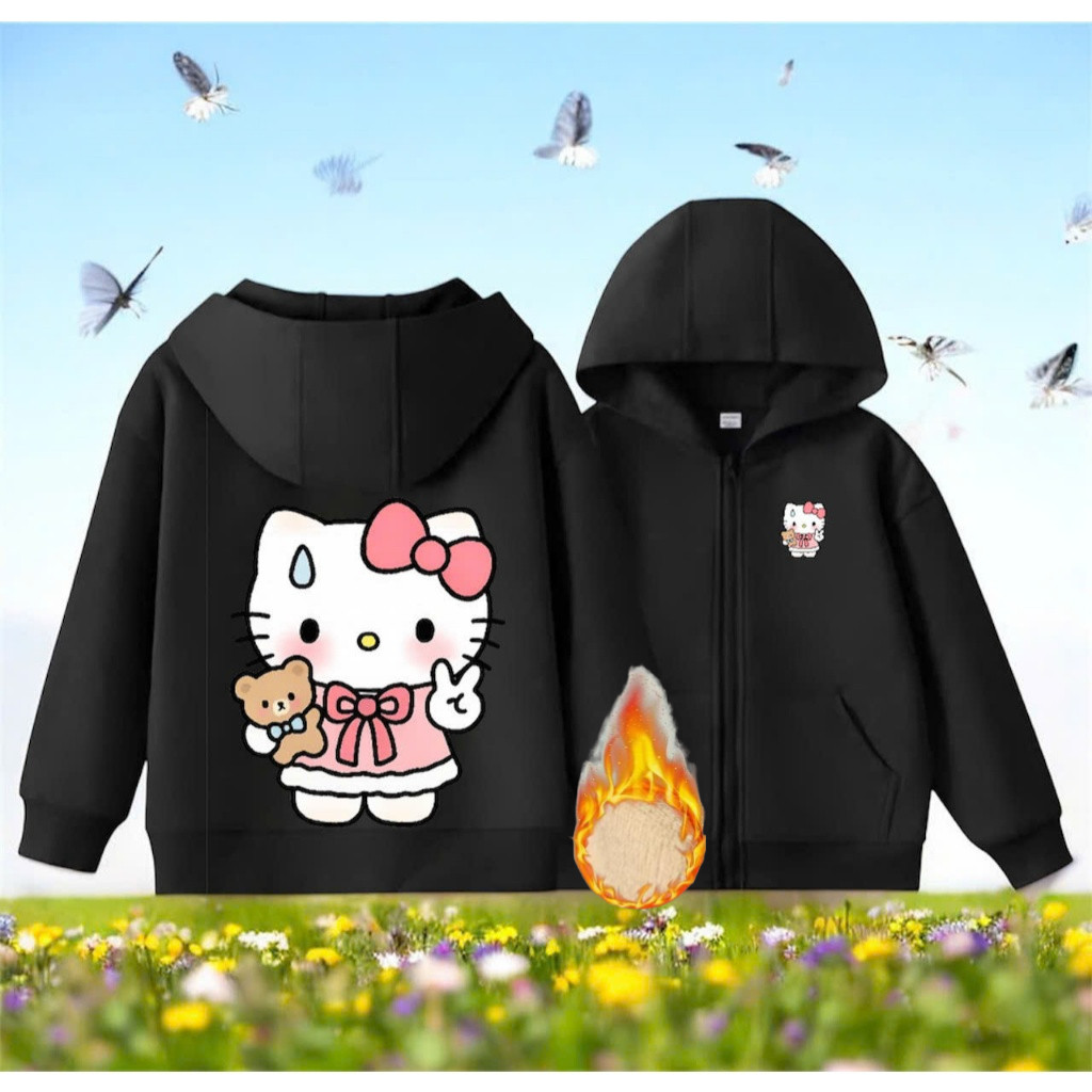 Hello Kitty Làm Dấu Hiệu Hòa Bình Trẻ Em Zip-Up Áo Khoác Lông Cừu Dài Tay Dễ Thương Cử Chỉ In Áo