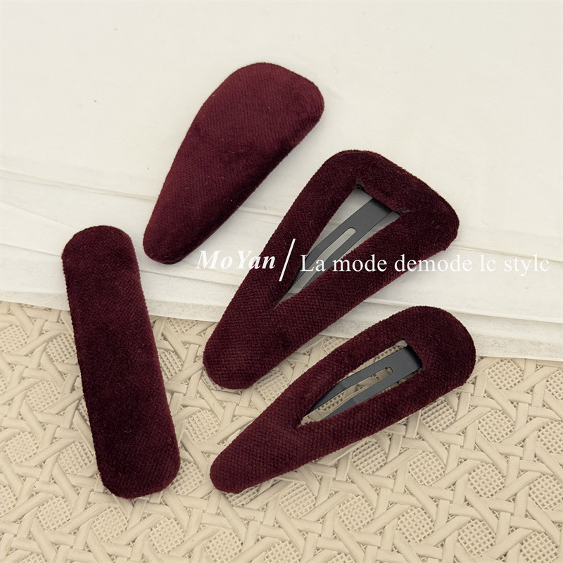 Vintage Bangs Clip Rượu Đỏ Kẻ Sọc Vải Kẹp Tóc