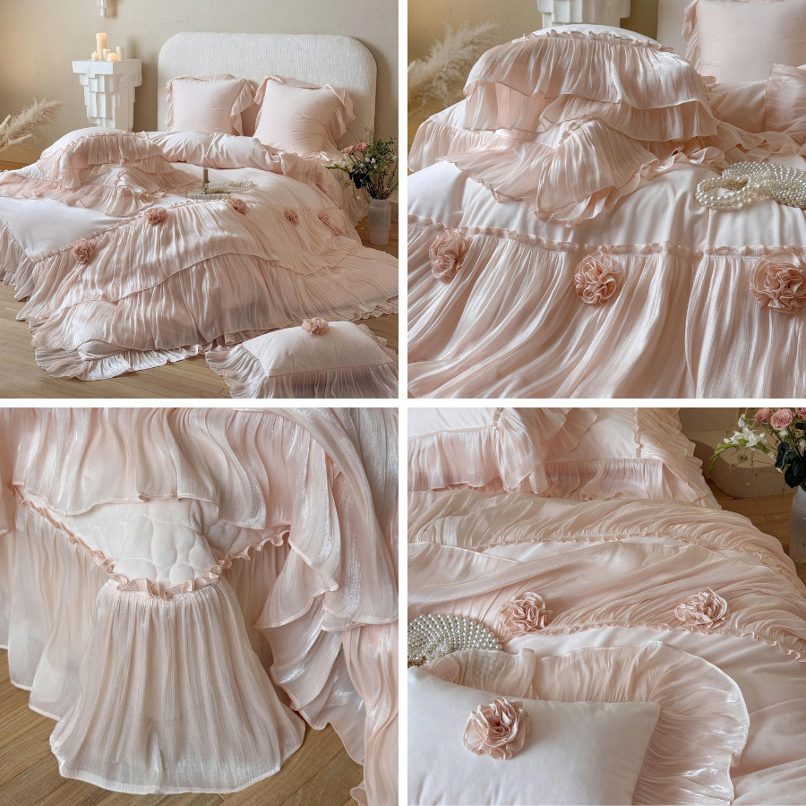 (L41708) Bộ vỏ chăn ga gối nỉ lịm phong cách dạ hội Memminbedding Luxury viền xếp ly đính hoa điệu đà, xinh xắn