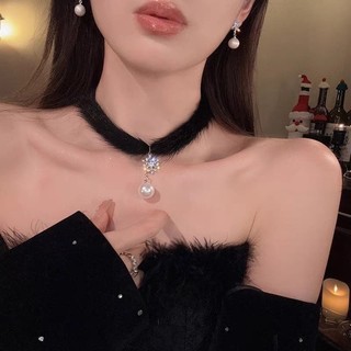 Choker Bông Tuyết Ngọc Trai Mặt Dây Chuyền Sang Trọng, Phù Hợp Dịp Thu Đông và Giáng Sinh